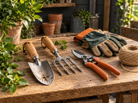 Garden trowel, fork, gloves, pruning shears and twine
