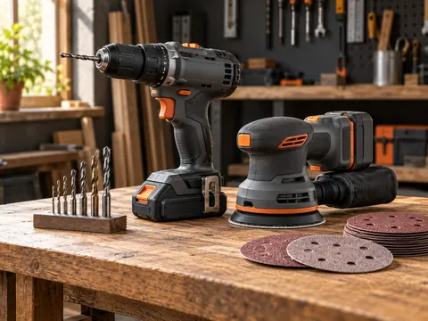 Cordless drill, orbital sander and accessories on a workbench