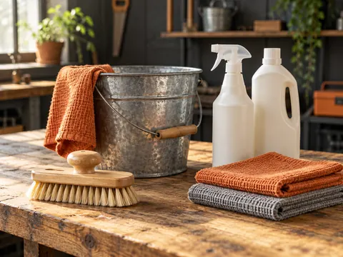 Brushes, cleaning cloths, a bucket and household supplies
