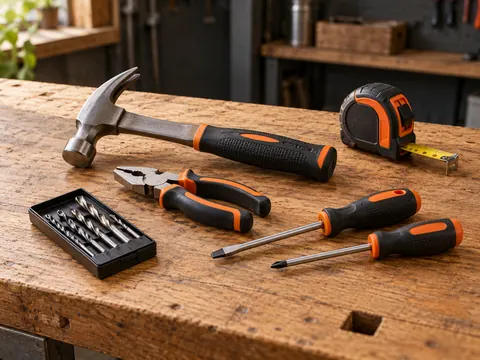 Hammer, pliers, screwdrivers, tape measure and drill bits on a workbench