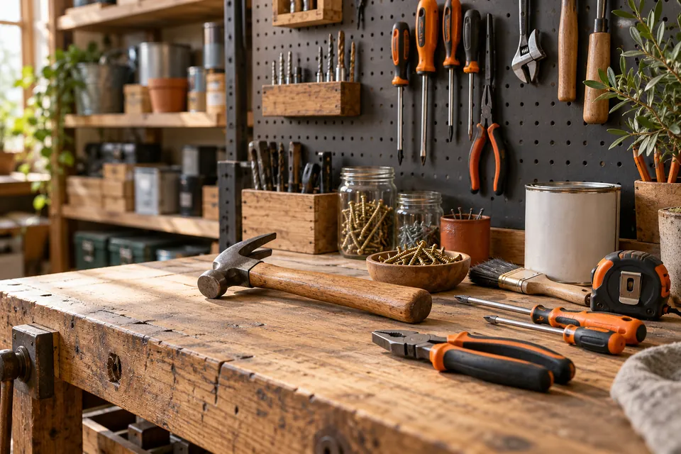 Unbranded hand tools, brushes and fixings on a wooden workshop bench